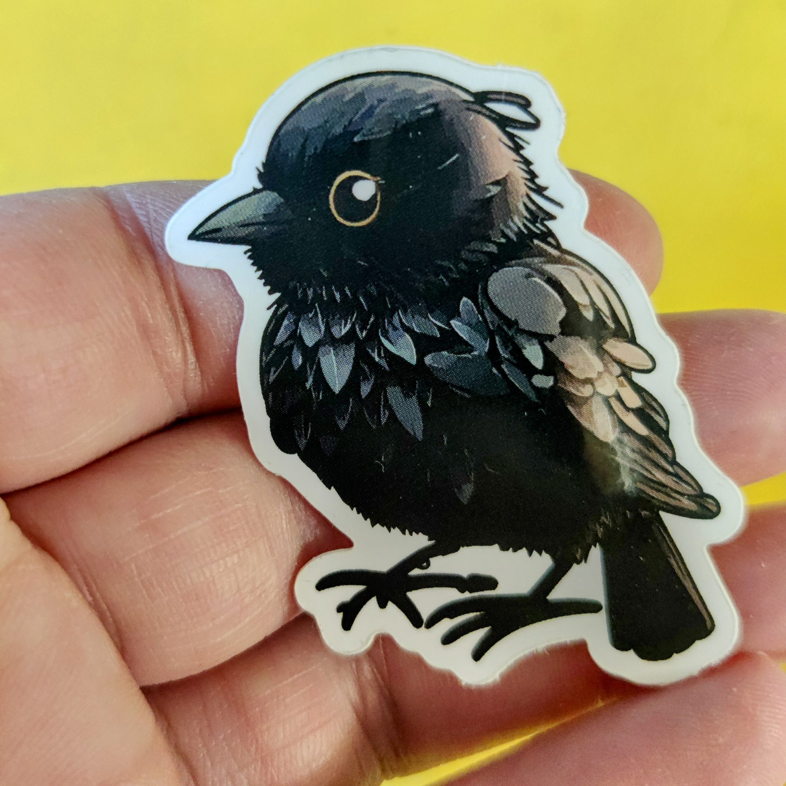 A hand holding a crow sticker