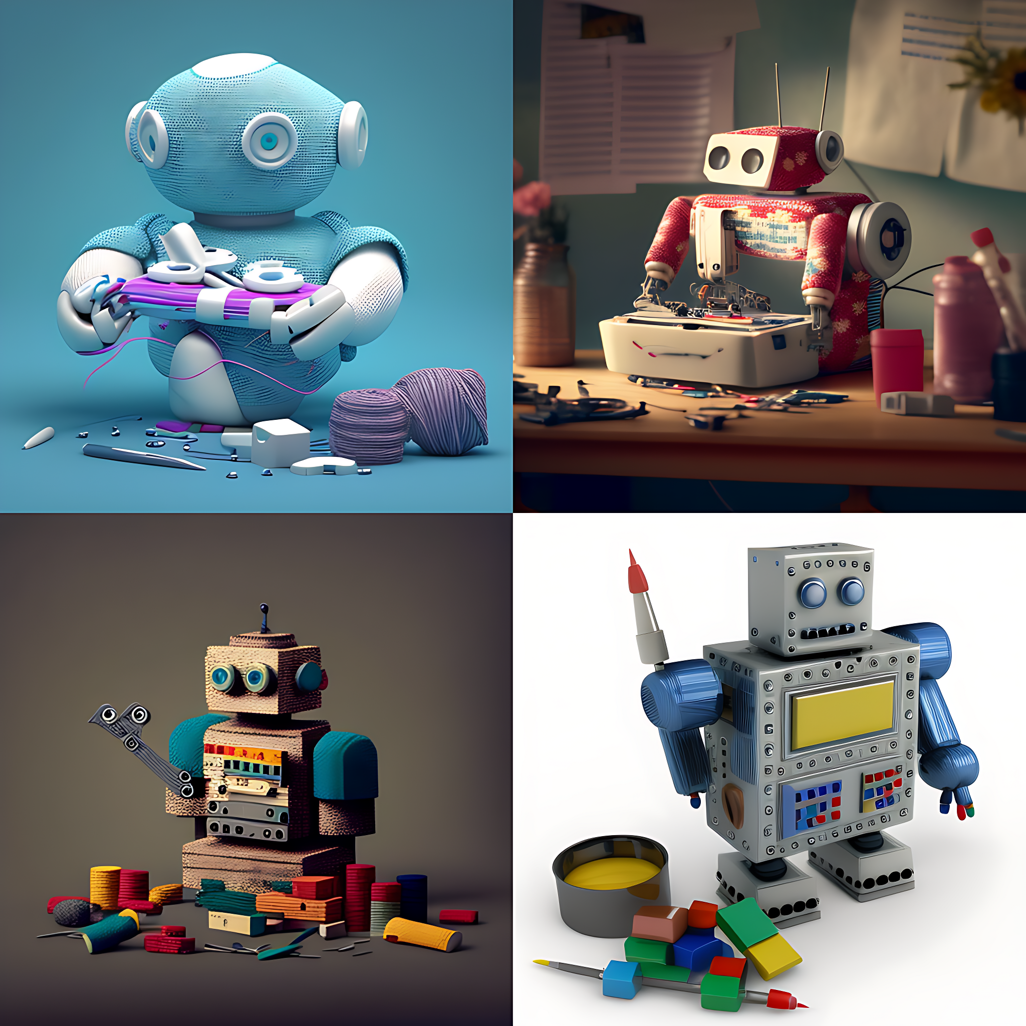 Four images of robots creating arts and crafts
