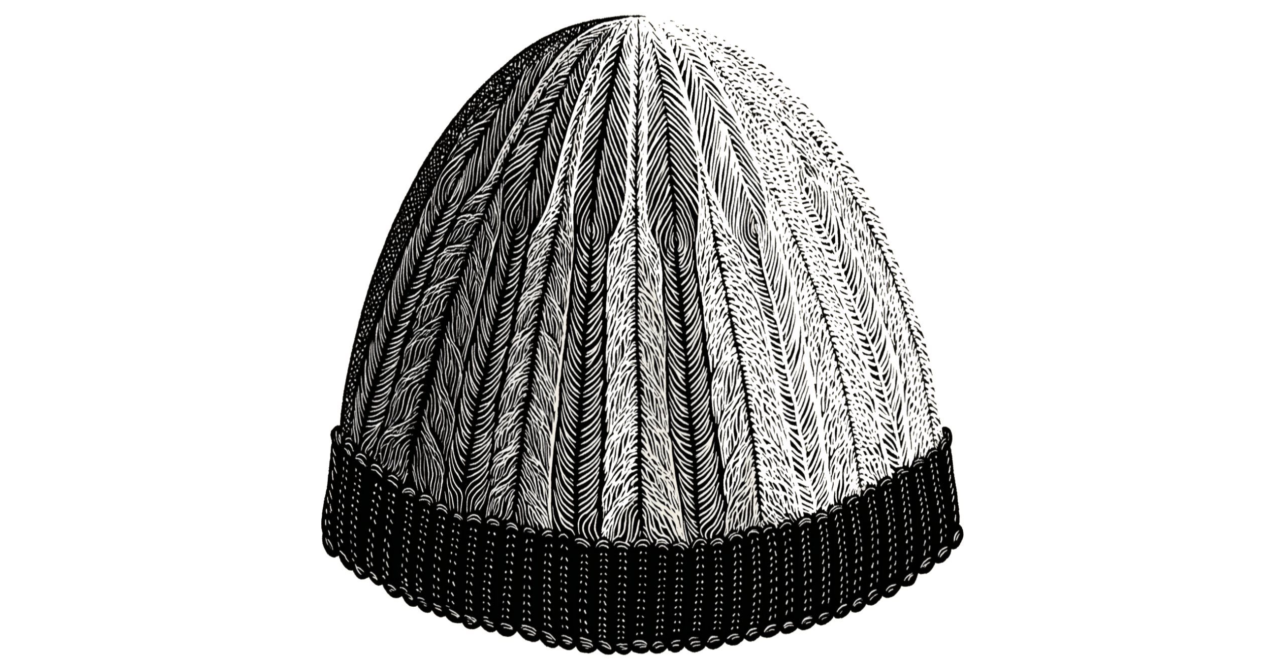 Line art of a beanie featuring vertical sections of swirling, organic patterns, with a ribbed brim at the base.