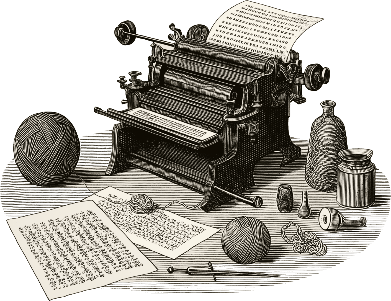 A vintage-style illustration of an old-fashioned typewriter surrounded by yarn balls, spools, and crochet tools, with typed pages featuring coded symbols and a strand of yarn threaded through one sheet.