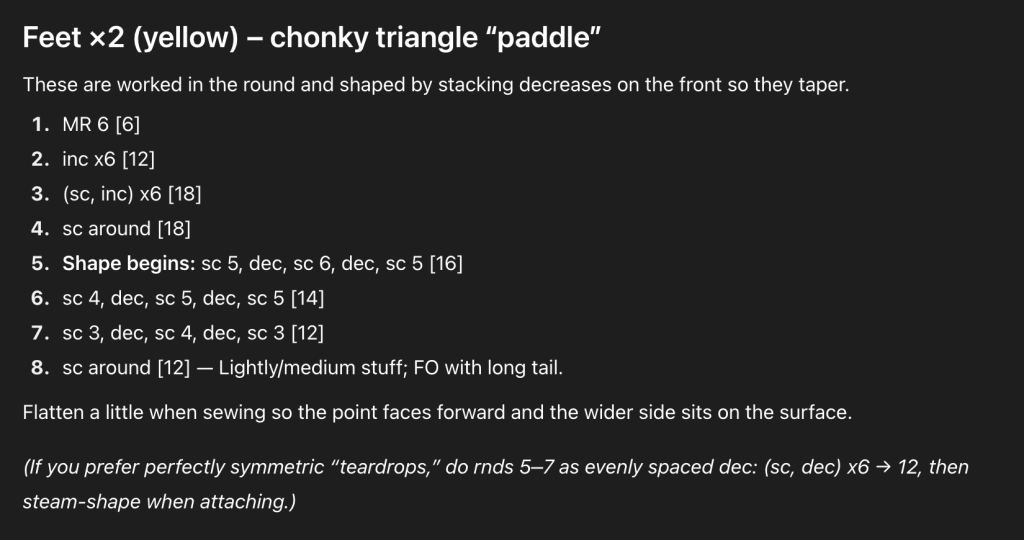 Crochet instructions for making two yellow feet shaped like chunky triangular paddles.