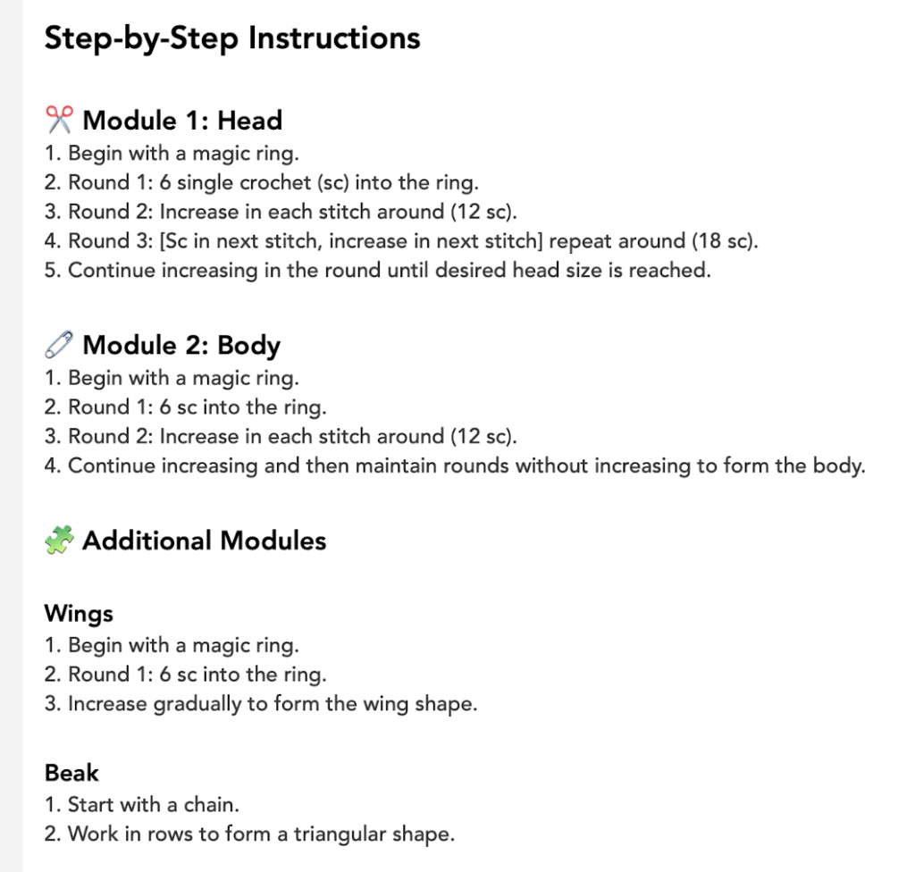 Crochet instructions for head, body, wings, and beak. Missing many details that would be necessary to construct the pieces without experience.